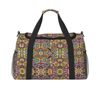 Borsone da viaggio pieghevole con cerchi etnici con motivo floreale, borsa da viaggio per gite nel fine settimana, per viaggi spontanei, nero, taglia unica, Nero, One Size