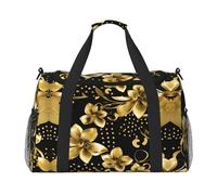 Borsone da viaggio pieghevole con fiori neri e oro, borsa tote bagaglio a mano per gite nel fine settimana, per viaggi spontanei, nero, taglia unica, Nero, One Size