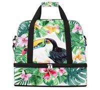 Borsone da viaggio pieghevole con foglie tropicali e fiori tucano, borsa da palestra espandibile con scomparto per scarpe, grande capacità, borsa da weekender, borsa da viaggio, sport, viaggi notturni