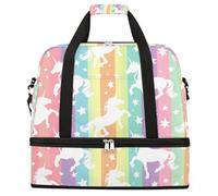 Borsone da viaggio pieghevole con motivo a righe arcobaleno e stelle e unicorno, grande capacità, per sport, palestra, con scomparto asciutto e bagnato, tasca per scarpe, leggero, da portare con sé