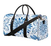 Borsone da viaggio pieghevole con petali blu simmetrici ad acquerello, impermeabile, borsa sportiva da palestra con spallacci