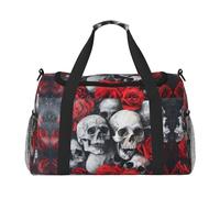 Borsone da viaggio pieghevole con teschio e rosa rossa, borsa da viaggio, borsa da trasporto per gite nel fine settimana, per viaggi spontanei, nero, taglia unica, Nero, One Size