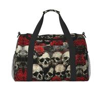 Borsone da viaggio pieghevole con teschio e rosa rossa, borsa da viaggio, borsa da trasporto per gite nel fine settimana, per viaggi spontanei, nero, taglia unica, Nero, One Size