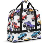 Borsone da viaggio pieghevole per donne e uomini, 47 l, borsa da fine settimana con manica trolley borsa a tracolla separata bagnata per sport, palestra, viaggi, camion colorati con mostri auto,