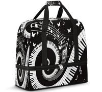 Borsone da viaggio pieghevole per donne e uomini, 47 l, borsa da fine settimana con manica trolley, borsa a tracolla separata per sport, palestra, viaggi, arte astratta, musica, pianoforte, note,