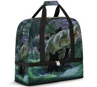 Borsone da viaggio pieghevole per donne e uomini, 47 l, borsa da fine settimana con manica trolley, borsa a tracolla separata per sport, palestra, viaggi, 3D Forest Tyrannosaurus Rex Dino, Colore, 47