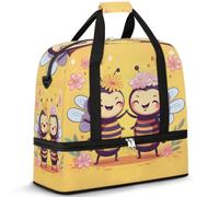 Borsone da viaggio pieghevole per donne e uomini, 47 l, borsa da fine settimana con manica trolley borsa a tracolla separata bagnata per sport, palestra, viaggi, divertente cartone animato fiore ape,