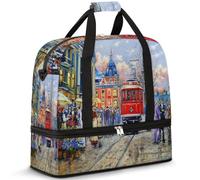 Borsone da viaggio pieghevole per donne e uomini, 47 l, borsa da fine settimana con manica trolley, borsa a tracolla separata per sport, palestra, viaggi, pittura a olio con paesaggio stradale,