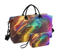 Borsone da viaggio, un drago arcobaleno con occhi luminosi, borsa da palestra con borsa portaoggetti, borsa per la notte, per uomini e donne, viaggi, sport, yoga, Multicolore, Taglia unica