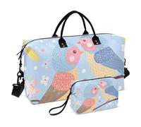 Borsone da viaggio, un paio di simpatici uccelli e fiori, borsa da palestra con borsa portaoggetti, borsa per la notte, per uomini e donne, viaggi, sport, yoga, Multicolore, Taglia unica
