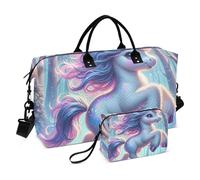 Borsone da viaggio, un piccolo unicorno carino è in rampa nella foresta magica, borsa da palestra con borsa portaoggetti, borsa per la notte, per uomini e donne, viaggi, sport, yoga, Multicolore,
