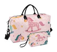 Borsone da viaggio, verde foglia di tè, rosa, con cavallo a dondolo, borsa da palestra con borsa portaoggetti, borsa per la notte, per uomini e donne, viaggi, sport, yoga, Multicolore, Taglia unica