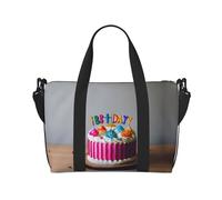 Borsone da viaggio versatile con stampa di torta di buon compleanno, il compagno per viaggi di lavoro e personali, nero, Taglia unica