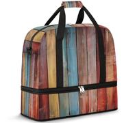 Borsone da viaggio vintage a righe in legno per donne e uomini, struttura in legno arcobaleno, pieghevole, borsa da palestra per il fine settimana e la notte, borsa da cabina con scomparto per scarpe