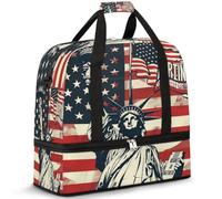 Borsone da viaggio vintage con bandiera americana, per donne e uomini, 4 luglio, statua della libertà, pieghevole, per sport, palestra, fine settimana, pernottamento, borsa da cabina con scomparto per