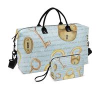 Borsone da viaggio vintage con chiavi e lucchetti blu chiaro, borsa da palestra grande con tracolla regolabile per palestra, set da 2 pezzi, Chiavi e serrature vintage azzurre, 1 size