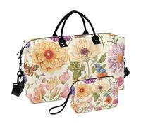 Borsone da viaggio vintage con fiori rustici beige borsa da viaggio per il fine settimana borsone sportivo con borsa da toilette per yoga grande capacità, Fiori vintage rustic745, Set of 2, Art Deco