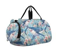 Borsone per bambini blu con squali floreali con scomparto per scarpe, grande capacità, borse per la notte, per spiaggia, nuoto, piscina, sport