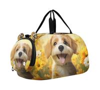 Borsone per ragazzi o ragazze con scomparto per scarpe, cane sorridente tra girasoli, borsa da viaggio sportiva per la notte