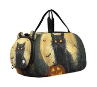 Borsone per ragazzi o ragazze con scomparto per scarpe, gatto nero di Halloween, luna piena, borsa da viaggio per la notte