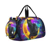 Borsone per ragazzi o ragazze con scomparto per scarpe, gatto seduto su una luna crescente, borsa da viaggio sportiva durante la notte