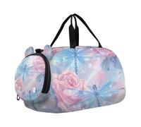 Borsone per ragazzi o ragazze con scomparto per scarpe, libellule rosa blu rose borsa da viaggio sportiva durante la notte