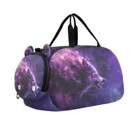 Borsone per ragazzi o ragazze con scomparto per scarpe, lupo con nebulosa viola, borsa da viaggio sportiva per la notte