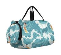 Borsone per ragazzi o ragazze con scomparto per scarpe, ragazza che naviga sulle onde oceaniche borsa da viaggio per la notte