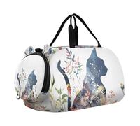 Borsone per ragazzi o ragazze con scomparto per scarpe, silhouette di gatto fiori selvatici, borsa da viaggio sportiva durante la notte
