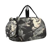 Borsone per ragazzi o ragazze con scomparto per scarpe, strega volante con pipistrelli, borsa da viaggio sportiva per la notte