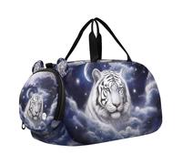 Borsone per ragazzi o ragazze con scomparto per scarpe, tigre bianca nel cielo stellato, borsa da viaggio sportiva per la notte