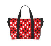 Borsone rosso a pois bianchi, può essere indossato a tracolla o a spalla, adatto per viaggi e campeggio.