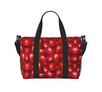 Borsone rosso con motivo fragola, può essere indossato a tracolla o a spalla, adatto per viaggi e campeggio.
