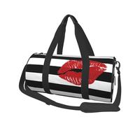 Borsone rotondo con stampa a righe bianche e nere con stampa a bocca rossa, borsa da viaggio per la notte, impermeabile e resistente agli strappi. Borsa da viaggio pieghevole per il fine settimana