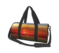 Borsone rotondo con stampa di papaveri rossi al tramonto, borsa da viaggio rotonda per palestra, fitness, allenamento, nero, taglia unica, Nero , Taglia unica