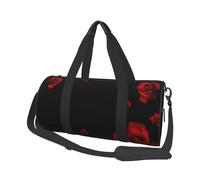 Borsone rotondo con stampa di rosa rossa e sfondo nero, borsa da viaggio per la notte, impermeabile e resistente agli strappi. Borsa da viaggio pieghevole per il fine settimana