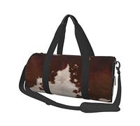 Borsone rotondo con stampa in pelle bovina rossa e marrone, borsa da viaggio per la notte, impermeabile e resistente agli strappi. Borsa da viaggio pieghevole per il fine settimana