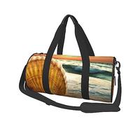 Borsone rotondo da viaggio con stampa di conchiglie e sabbia, borsa da palestra, borsa da fitness, borsa da allenamento, nera, taglia unica, Nero , Taglia unica