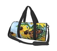 Borsone rotondo da viaggio con stampa di fiori e farfalle, borsa da palestra, fitness, borsa da allenamento, nera, taglia unica, Nero , Taglia unica