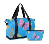 Borsone sportivi da palestra con falsi glitter glitter farfalla blu palestra borsa a mano borsa da weekend con tracolla regolabile per sport multifunzione, falso glitter farfalla blu, taglia unica,