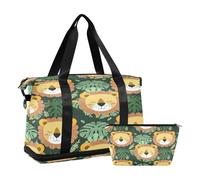 Borsone sportivo da viaggio, borsone da viaggio con tasca bagnata, scomparto per scarpe e articoli da toeletta, foglie verdi, teste di leone, per donna e uomo, Multi