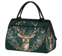 Borsone sportivo da viaggio, motivo natalizio con alce, cervo, verde, impermeabile, per weekender, per uomini e donne
