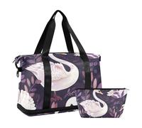 Borsone sportivo vintage con cigni, foglie e foglie viola scuro, grande borsa da viaggio con tracolla regolabile per escursionismo, set da 2 pezzi, vintage cigni bianchi foglie viola scuro, 1 size