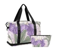 Borsone vintage viola e bianco con fiori di iris da portare in palestra borsa da viaggio per la notte con borsa da toilette per yoga set da 2 pezzi, Vintage Viola E Bianco Iris Fiori, 1 size