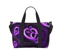 Borsone viola con motivo amore, può essere indossato a tracolla o a spalla, adatto per viaggi e campeggio.