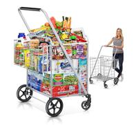 Borstom Carrello della Spesa Jumbo con Doppio Cestello, Carrello portaspesa con Capacità 210 kg, Carrello Spesa Pieghevole con Maniglia Ergonomica per Risparmiare Spazio