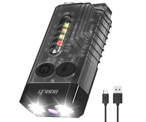 BORUIT V10 Piccolo potente portachiavi torcia con 365 nm UV rosso verde blu luce, alta lumen USB C ricaricabile mini tasca LED EDC Flash Light-14 modalità, magnete della coda, segnale acustico, nero