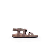 BOSANOVA Sandali da donna piatti con due strisce anteriori incrociate e suola bio in sughero. Chiusura con cinghie alla caviglia con fibbia in metallo. Scarpe da donna, marrone, 37 EU