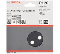 Bosch Professional 5x Foglio abrasivo F355 Best for Coatings and Composites (per Materiali Plastici, Pietra Dura, Ø 125 mm, Grana 120, 8 Fori, Accessori per Levigatrici Rotorbitali)