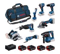 Bosch PRO 18V System Combo Kit: GBH 18V-22, GWS 18V-8, GDR 18V-215, GSB 18V-65, GKS 18V-57-2, GSA 18V-32, GOP 18V-34, GLI 18V-300, 4 batterie GBA 5.0 Ah, GAL 12V/18V-80, L-BAG
